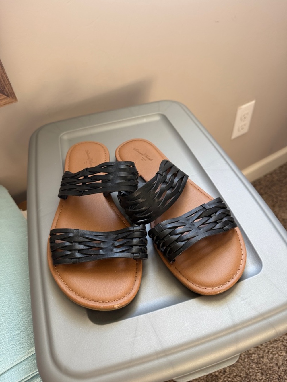 Women's Black Woven Slide Sandals